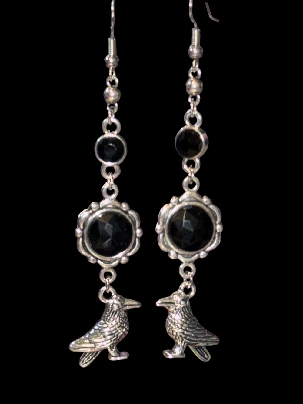 Handmade Silver-Tone Black Stone Raven Drop Earrings